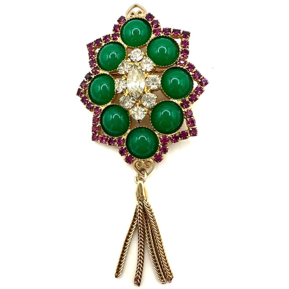 Juliana gold tone pink clear rhinestones green cabochons chains fringe brooch